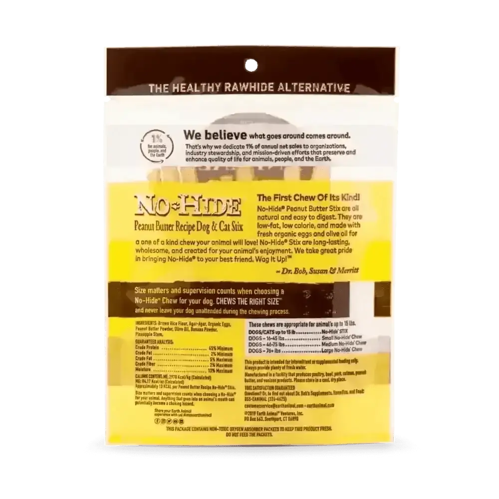 Earth Animal No-Hide Peanut Butter Dog Stix treat bag with no-hide label and brown yellow accents