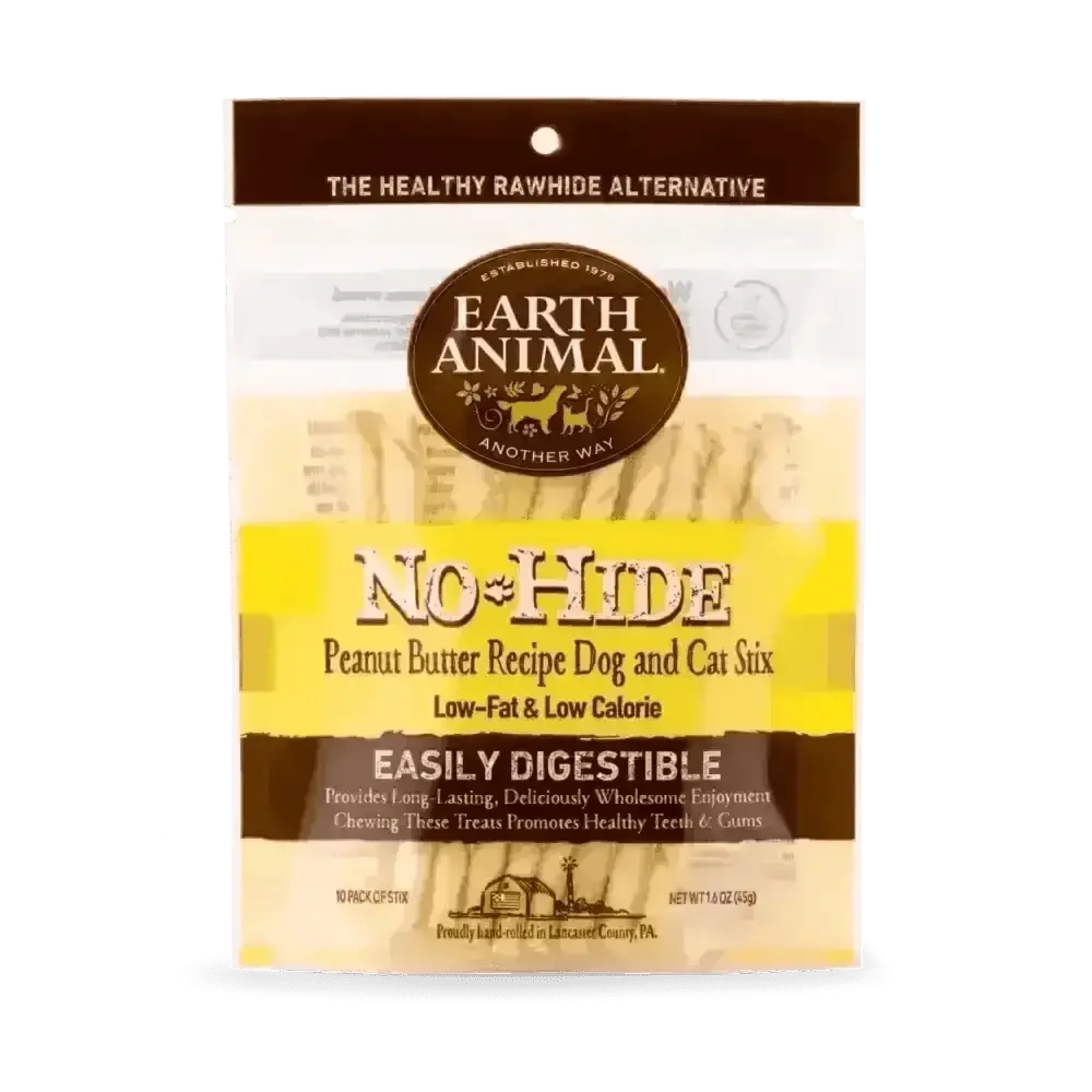 Earth Animal No-Hide Peanut Butter Dog Stix treat bag featuring natural peanut butter flavor