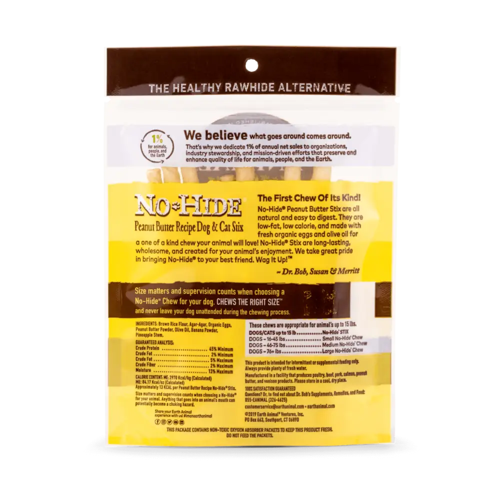 Earth Animal No-Hide Peanut Butter Dog Stix treat bag with no-hide label and brown yellow accents