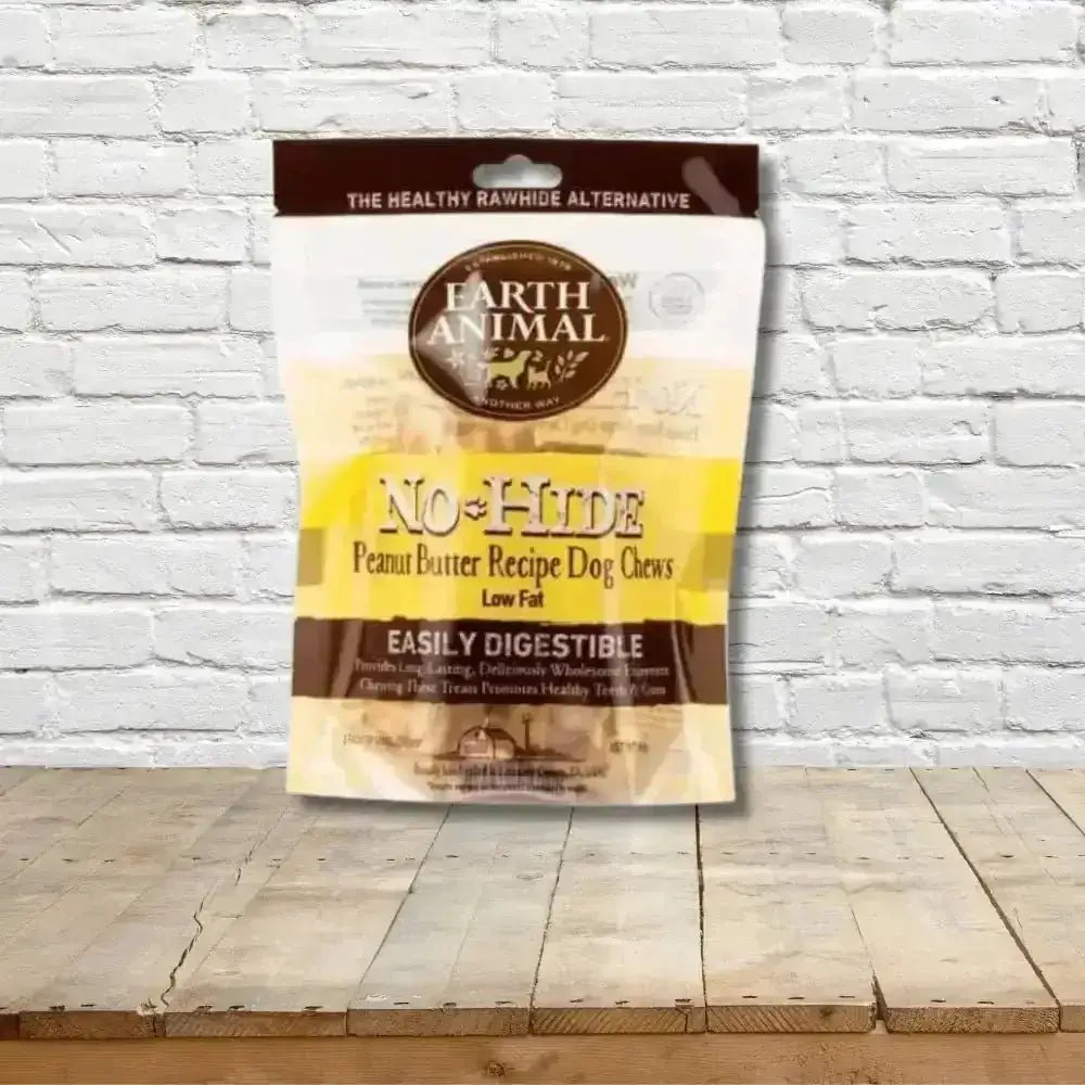 Earth Animal No-Hide Peanut Butter Small Chews bag for dogs with natural peanut butter flavor