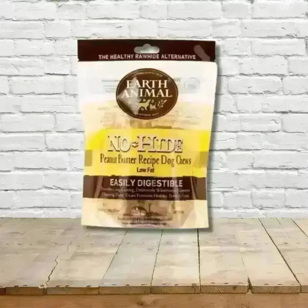Earth Animal No-Hide Peanut Butter Small Chews bag for dogs with natural peanut butter flavor
