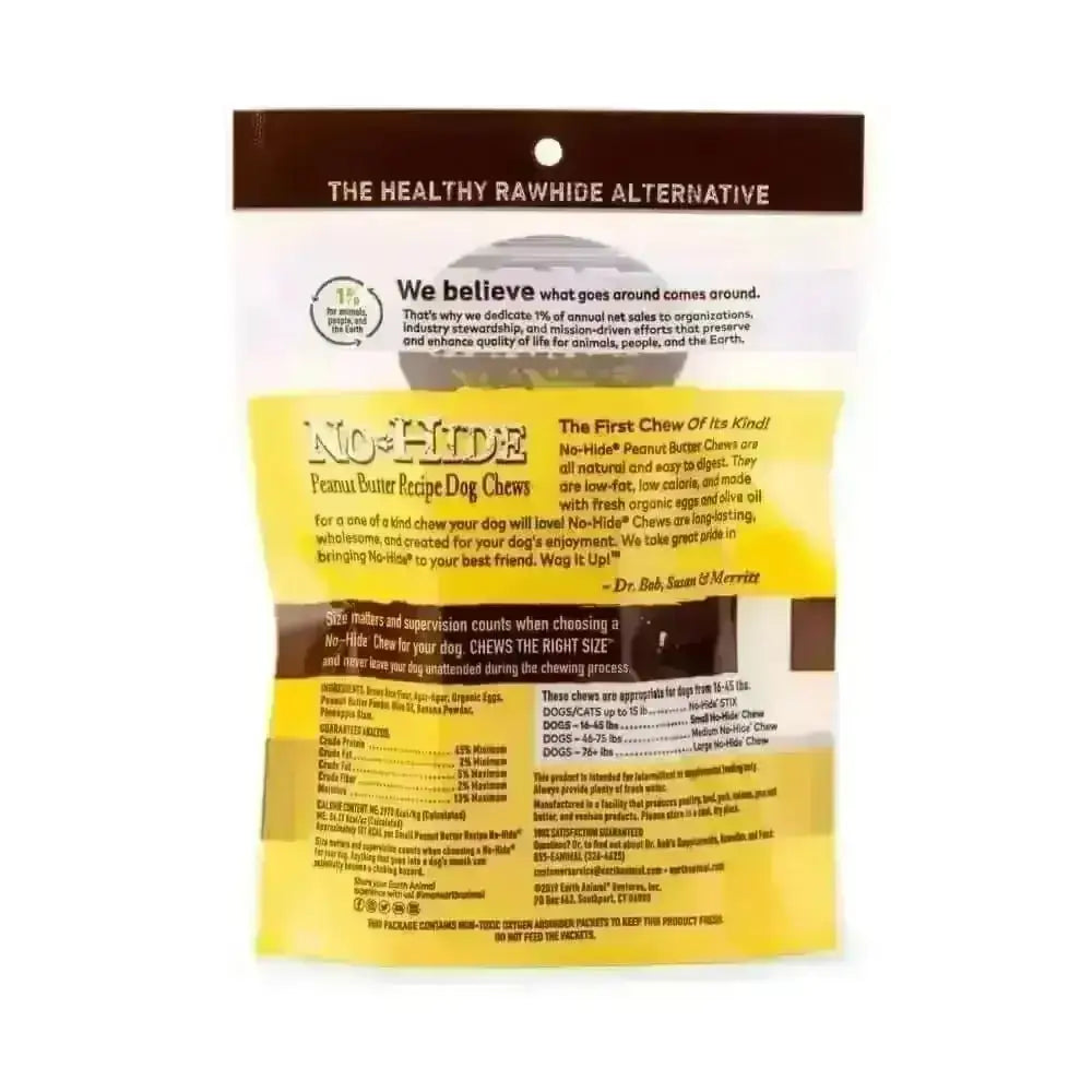 Earth Animal No-Hide Peanut Butter Small Chews with yellow and brown packaging
