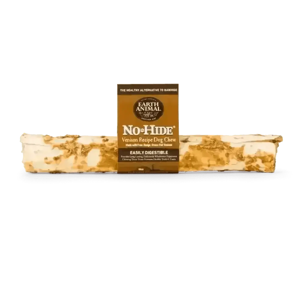 Earth Animal No-Hide Venison Chew for dogs on a textured brown and white surface