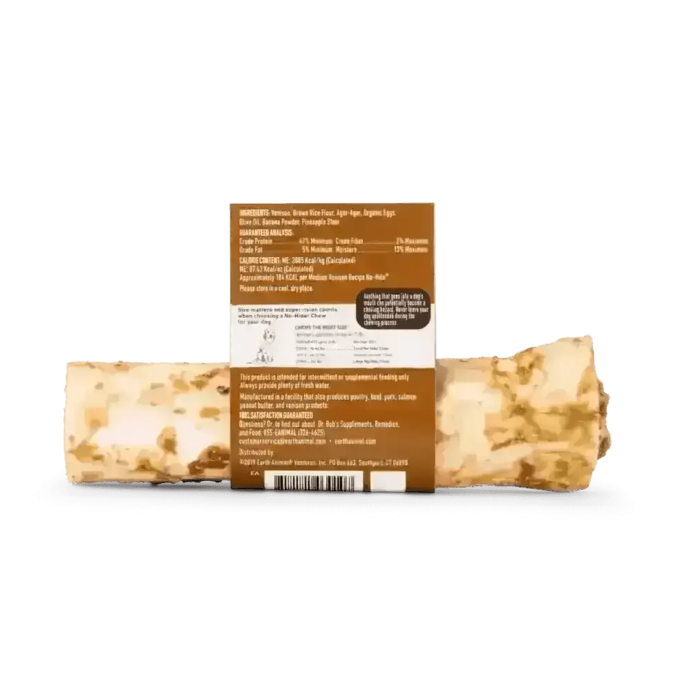 Chocolate-covered peanut butter protein bar wrapper with Earth Animal No-Hide Venison Chew design