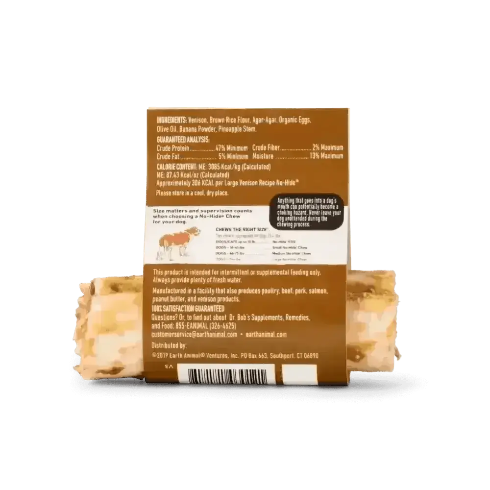 Brown and white Earth Animal No-Hide Venison Chew bag with nutritional info and ingredients