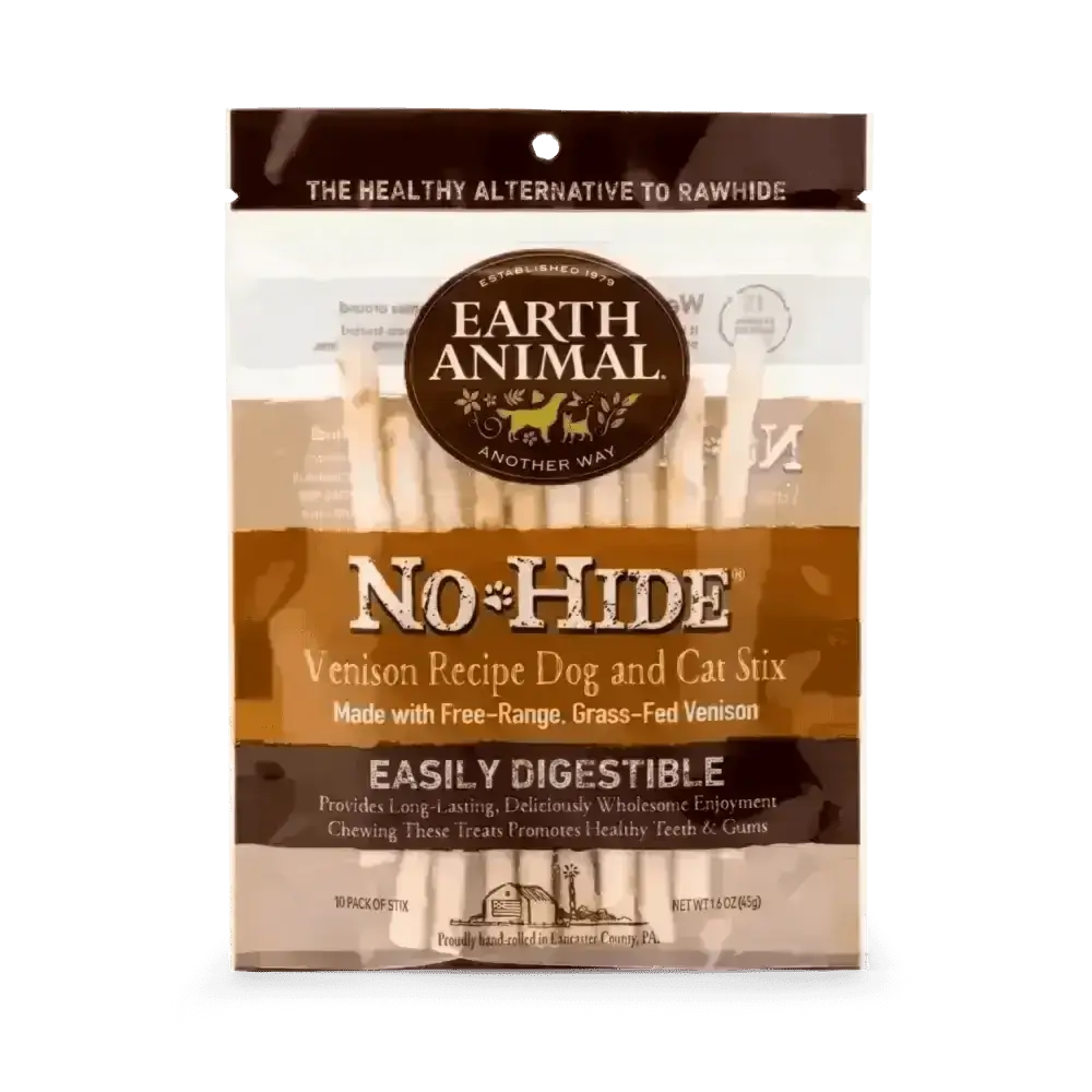 Earth Animal No-Hide Venison Stix for dogs and cats in a brown package
