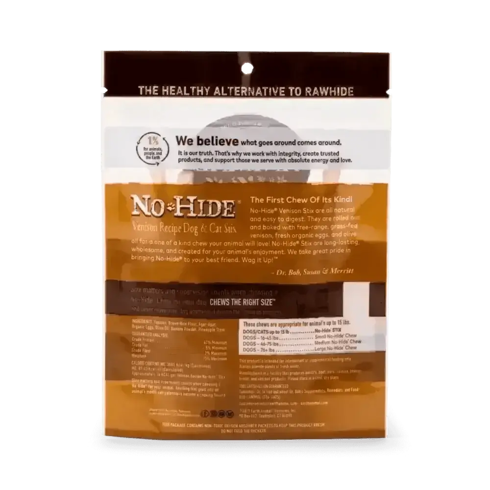 Earth Animal No-Hide Venison Stix chew toy in brown packaging with white text and green accents