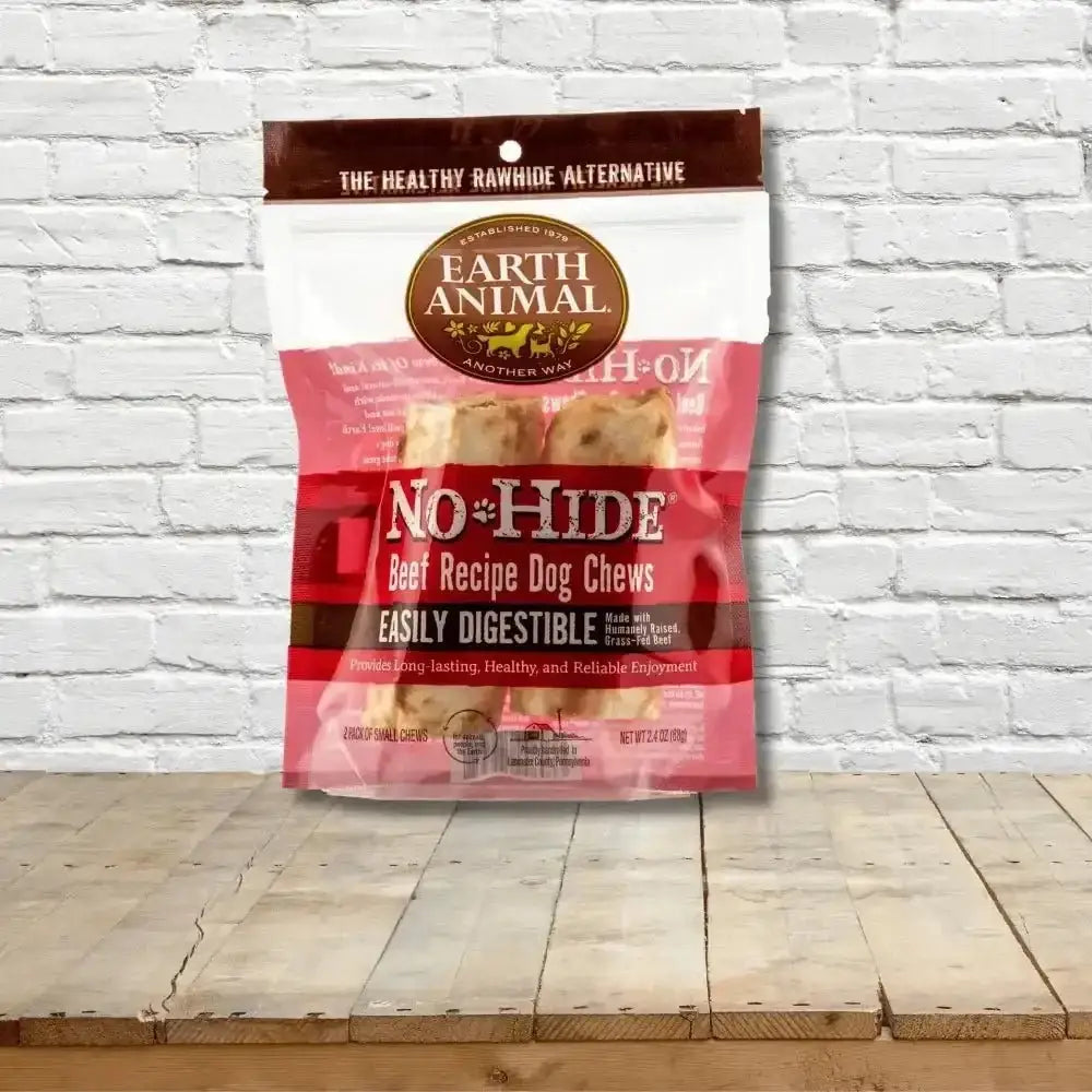 Earth Animal No-Hide Wholesome Beef Chew packaging featuring natural dog treats