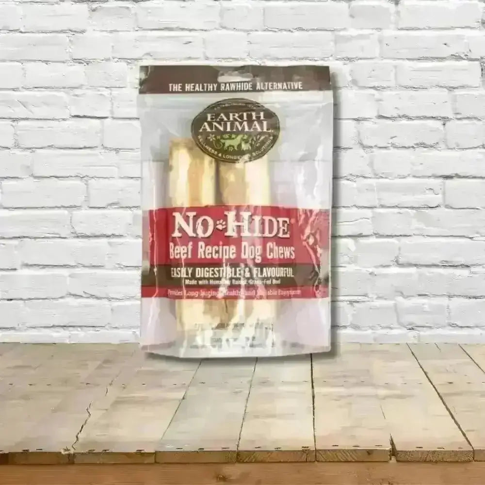 Earth Animal No-Hide Wholesome Beef Chew packaging for dog treats, natural and healthy