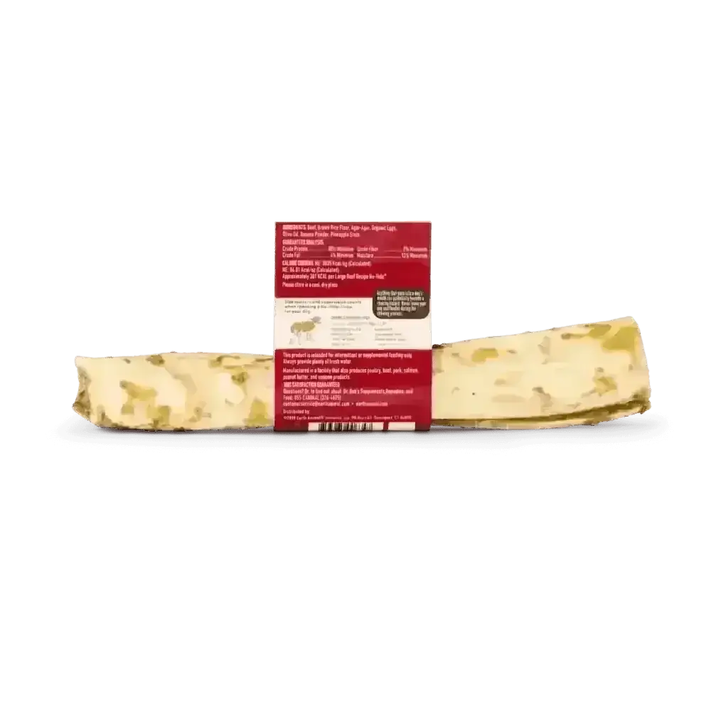 Earth Animal No-Hide beef chew with cheese stick wrapped in red packaging