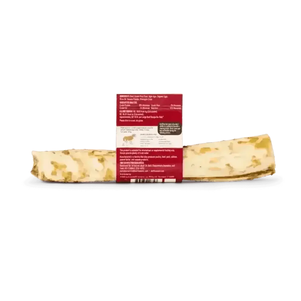 Earth Animal No-Hide beef chew with cheese stick wrapped in red packaging