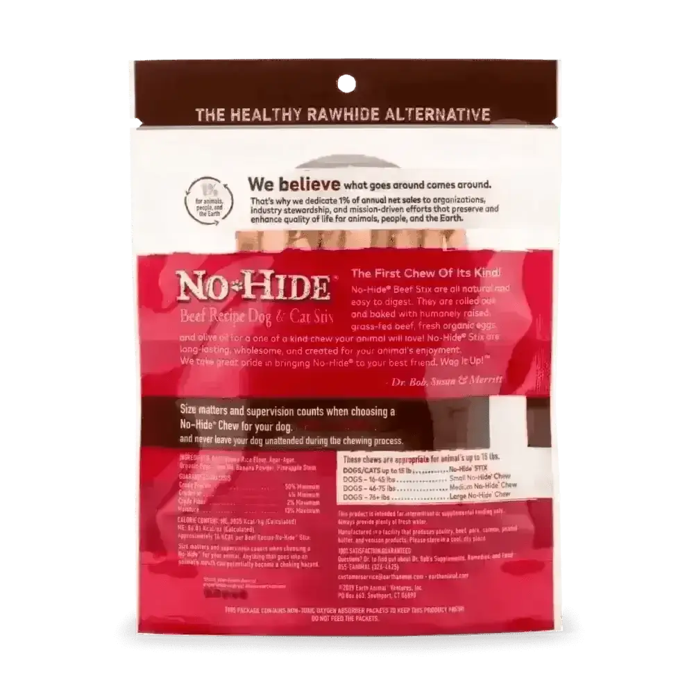 No-hide beef filled dog and cat chews in red and white packaging for Earth Animal No-Hide Wholesome Beef Stix