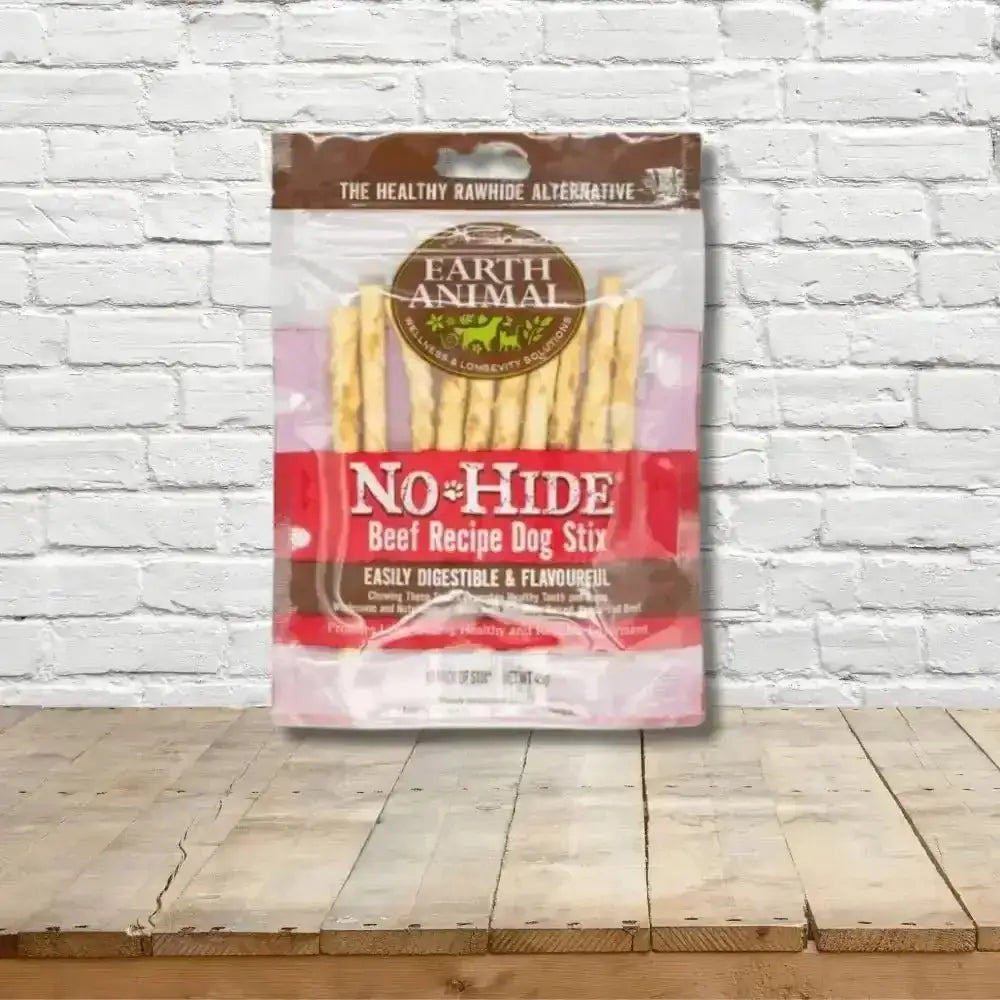 Earth Animal No-Hide Wholesome Beef Stix treat bag for dogs, natural and safe chew