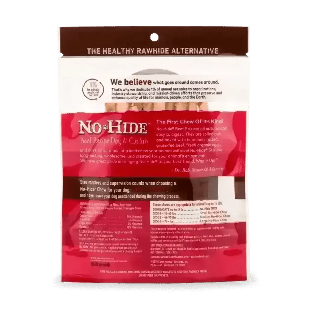 No-hide beef filled dog and cat chews in red and white packaging for Earth Animal No-Hide Wholesome Beef Stix