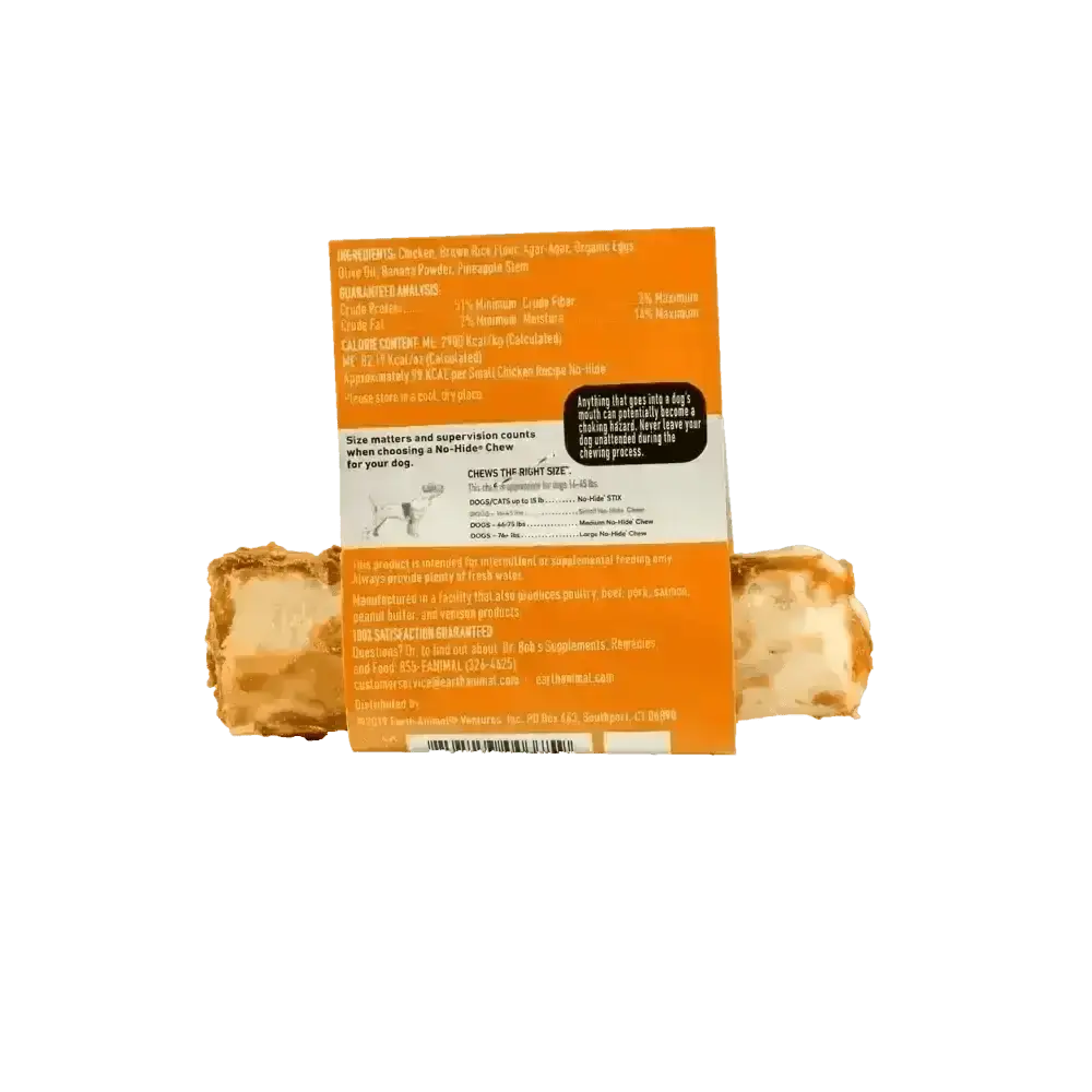Orange and white frozen lasagna package with black text for Earth Animal No-Hide chicken chew
