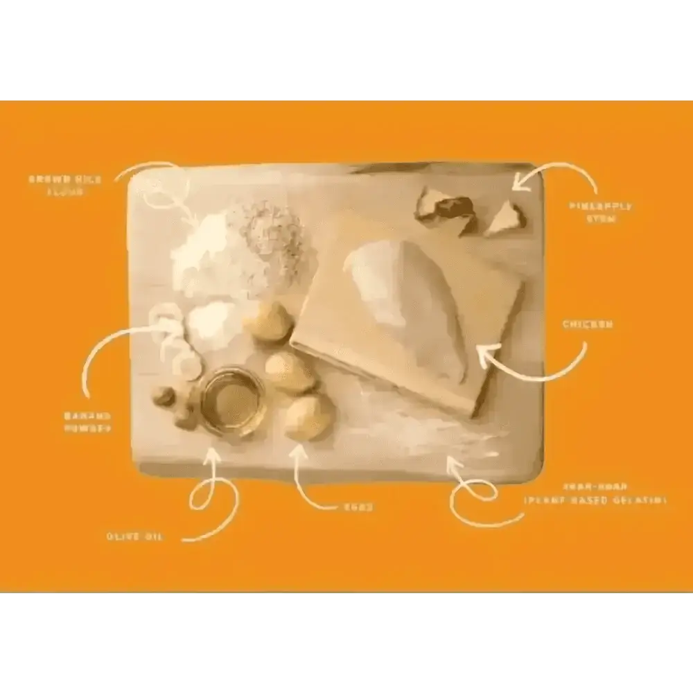Brown rice flour bag with white text on orange background for Earth Animal No-Hide Wholesome Chicken Stix