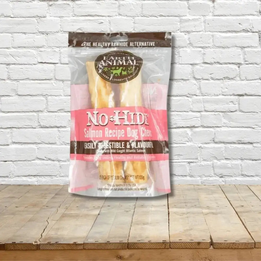 Earth Animal No-Hide Wholesome Salmon Chew packaging with pink and white design