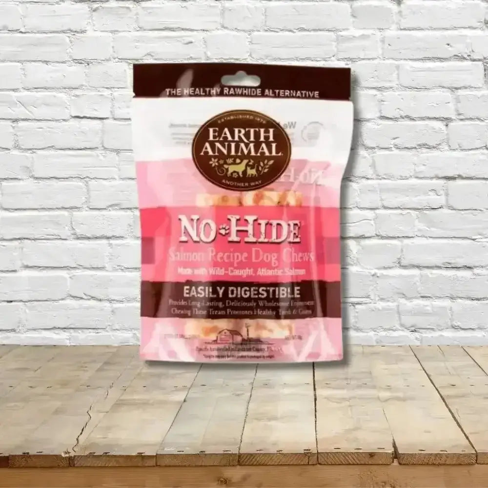 Earth Animal No-Hide Wholesome Salmon Chew bag with natural dog treats for healthy chewing