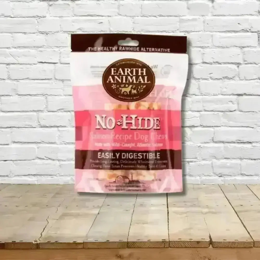 Earth Animal No-Hide Wholesome Salmon Chew bag with natural dog treats for healthy chewing
