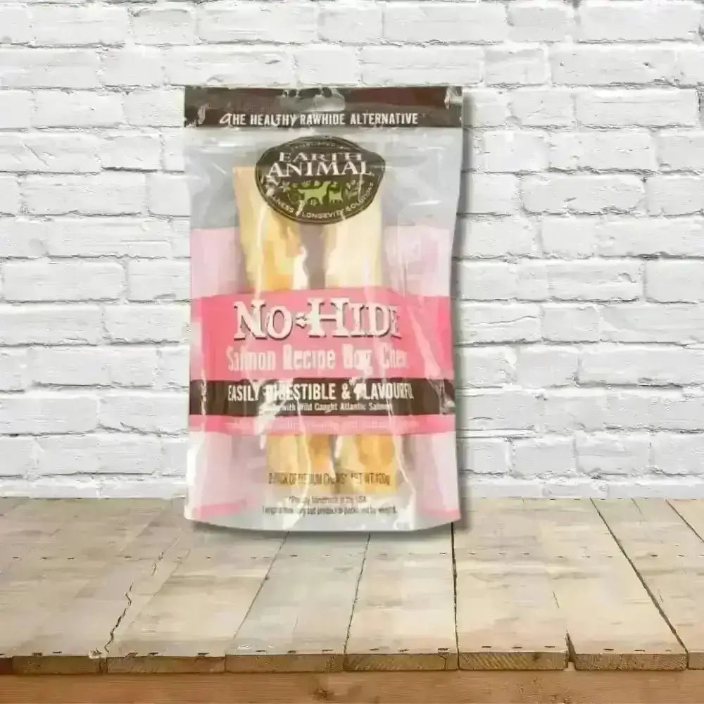 Earth Animal No-Hide Wholesome Salmon Chew packaging with pink and white design