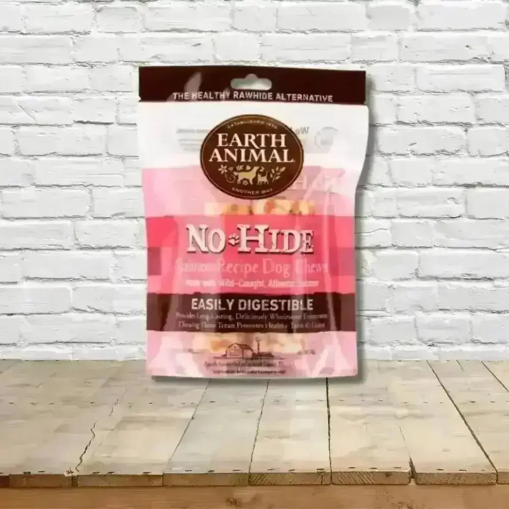 Earth Animal No-Hide Wholesome Salmon Chew bag with natural dog treats for healthy chewing