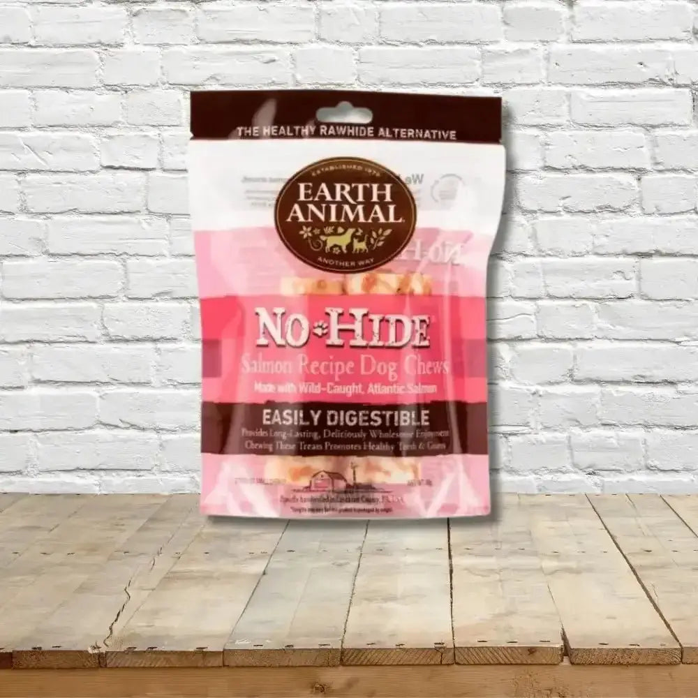 Earth Animal No-Hide Wholesome Salmon Chew bag with natural dog treats for healthy chewing