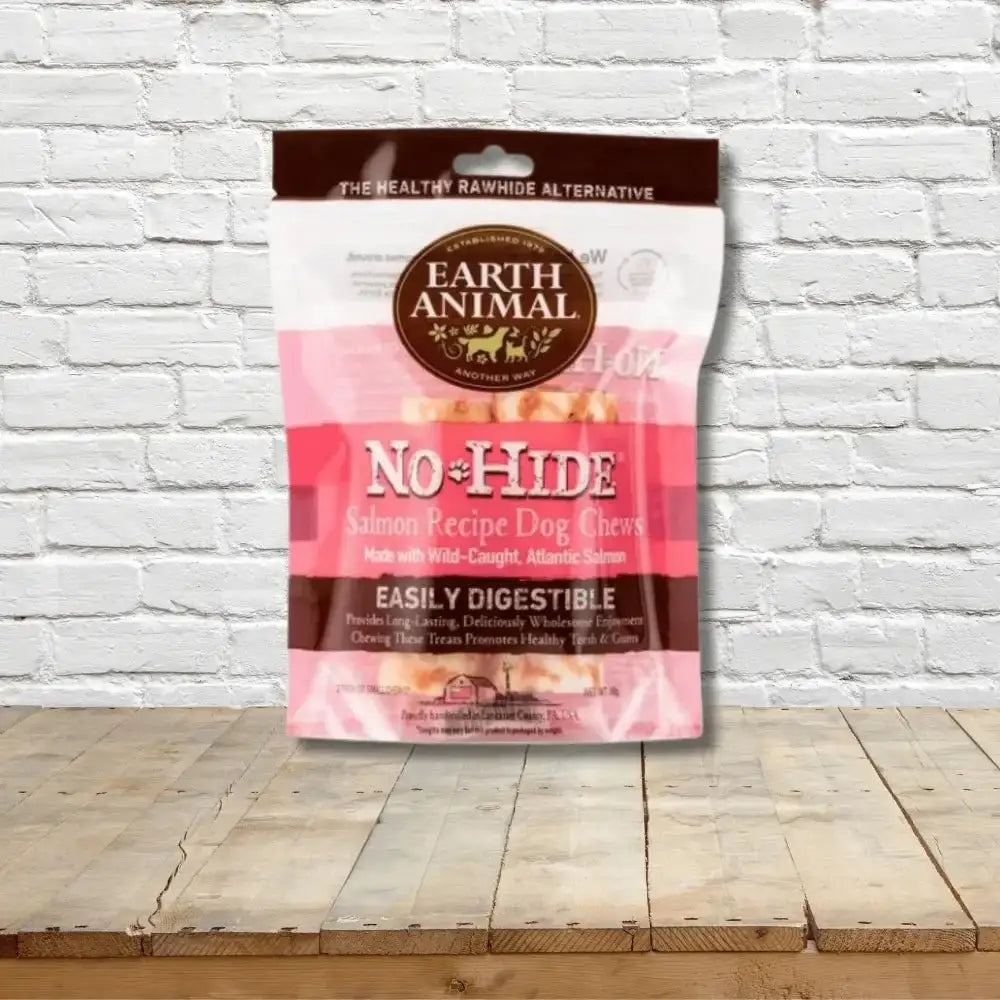 Earth Animal No-Hide Wholesome Salmon Chew bag with natural dog treats for healthy chewing