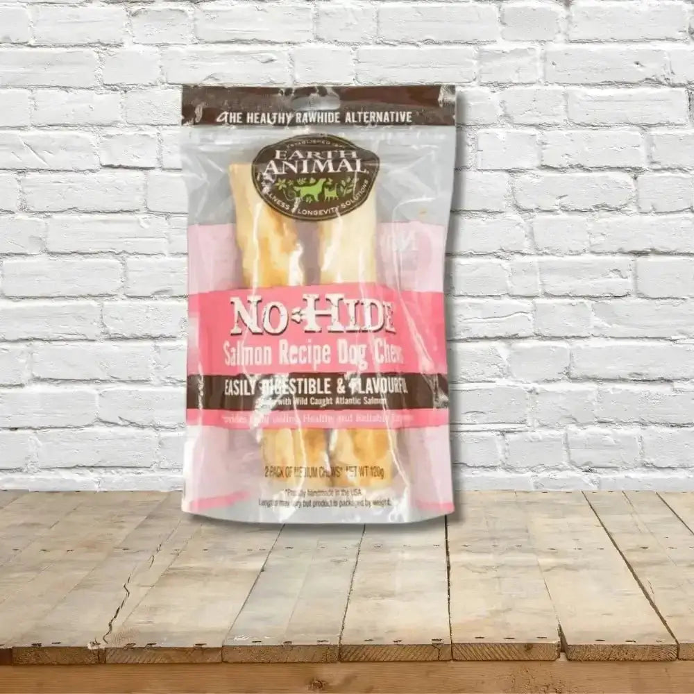 Earth Animal No-Hide Wholesome Salmon Chew packaging with pink and white design