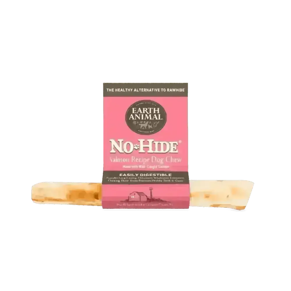 Earth Animal No-Hide Wholesome Salmon Chew in pink packaging for dogs