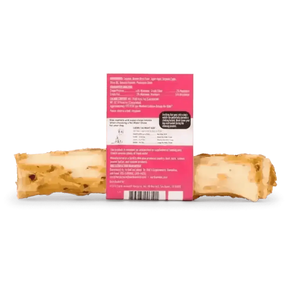 Earth Animal No-Hide Salmon Chew cookie bar wrapper with pink and white design