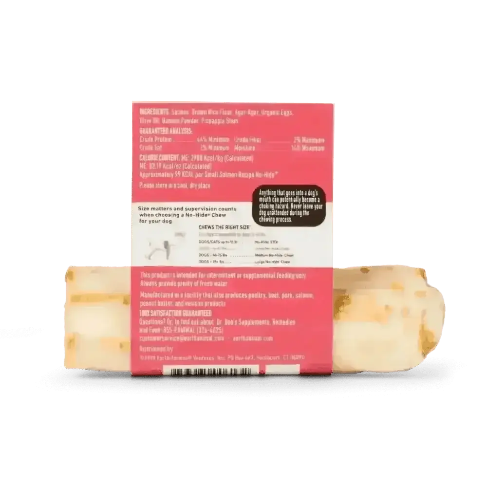 Fruit-flavored protein bar with pink wrapper, white text, from Earth Animal No-Hide Salmon Chew