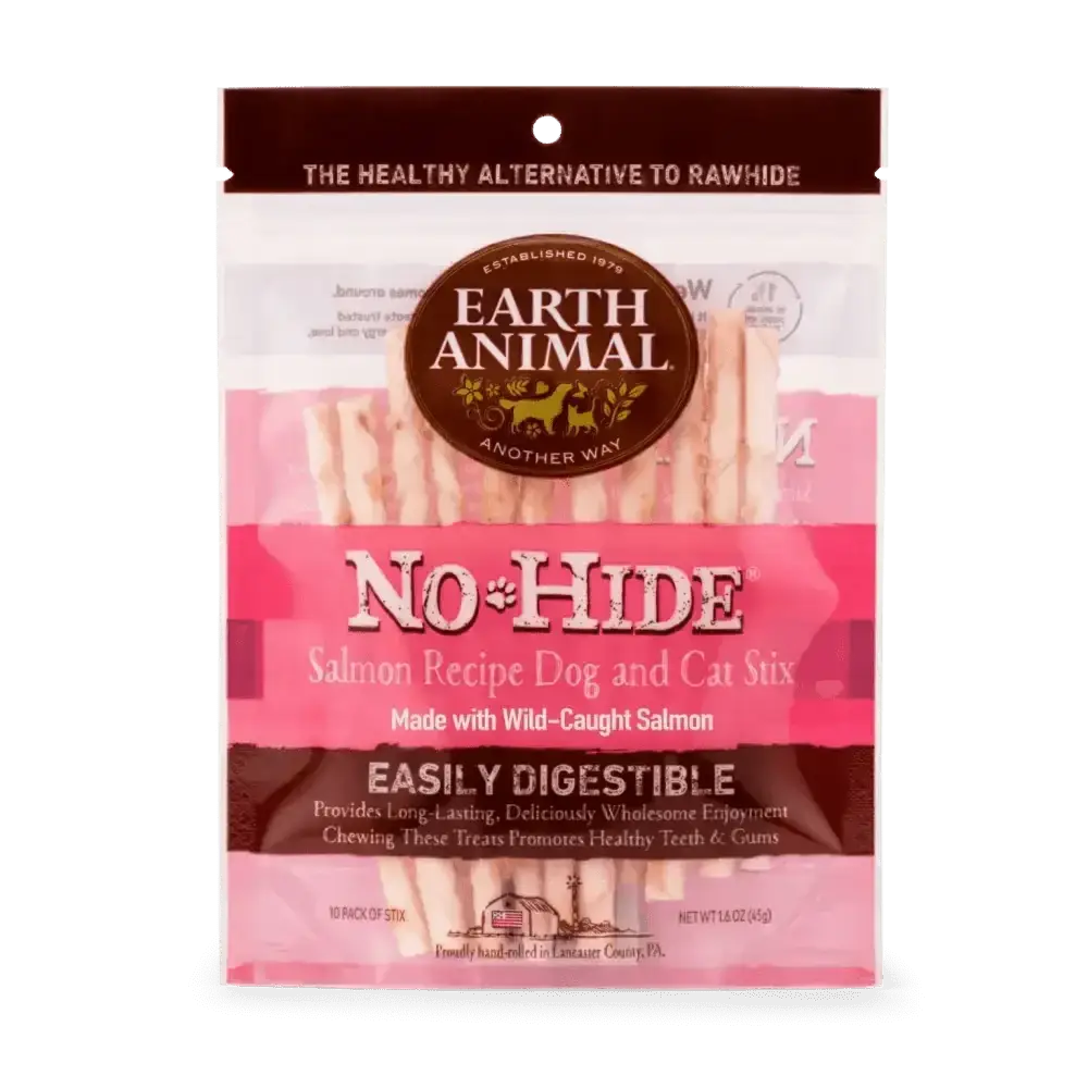 Earth Animal No-Hide Wholesome Salmon Stix packaging featuring dog and cat treats