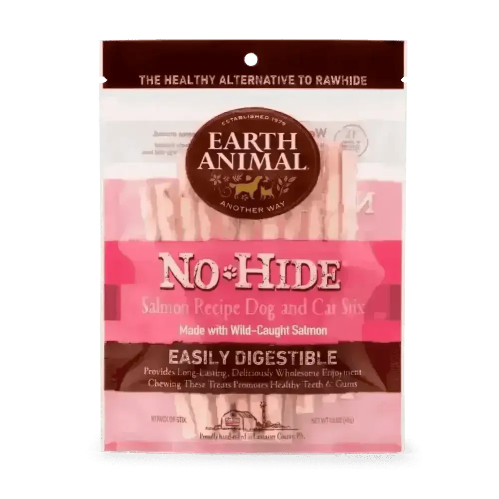 Earth Animal No-Hide Wholesome Salmon Stix packaging featuring dog and cat treats