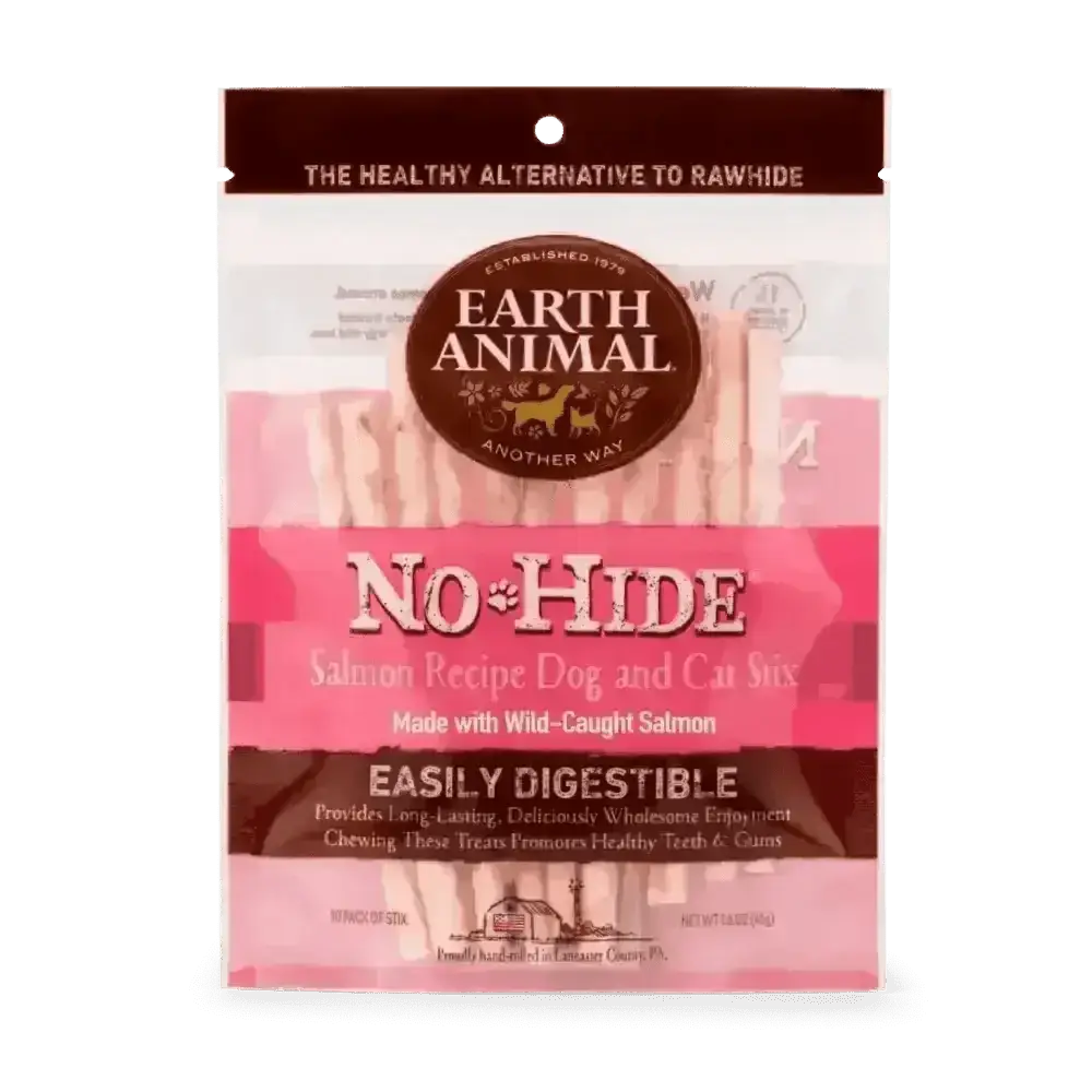 Earth Animal No-Hide Wholesome Salmon Stix packaging featuring dog and cat treats