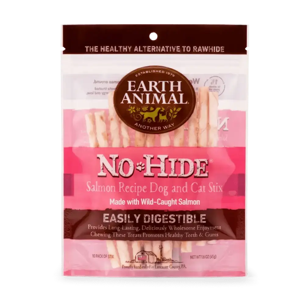 Earth Animal No-Hide Wholesome Salmon Stix packaging featuring dog and cat treats