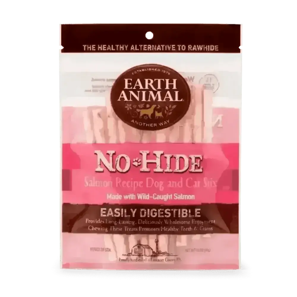 Earth Animal No-Hide Wholesome Salmon Stix packaging featuring dog and cat treats
