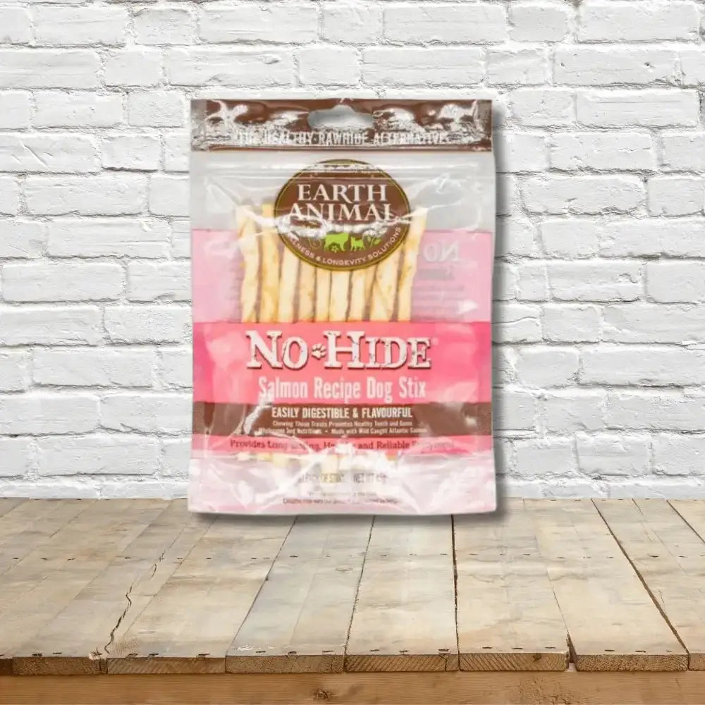 Earth Animal No-Hide Wholesome Salmon Stix treat bag with natural salmon dog treats