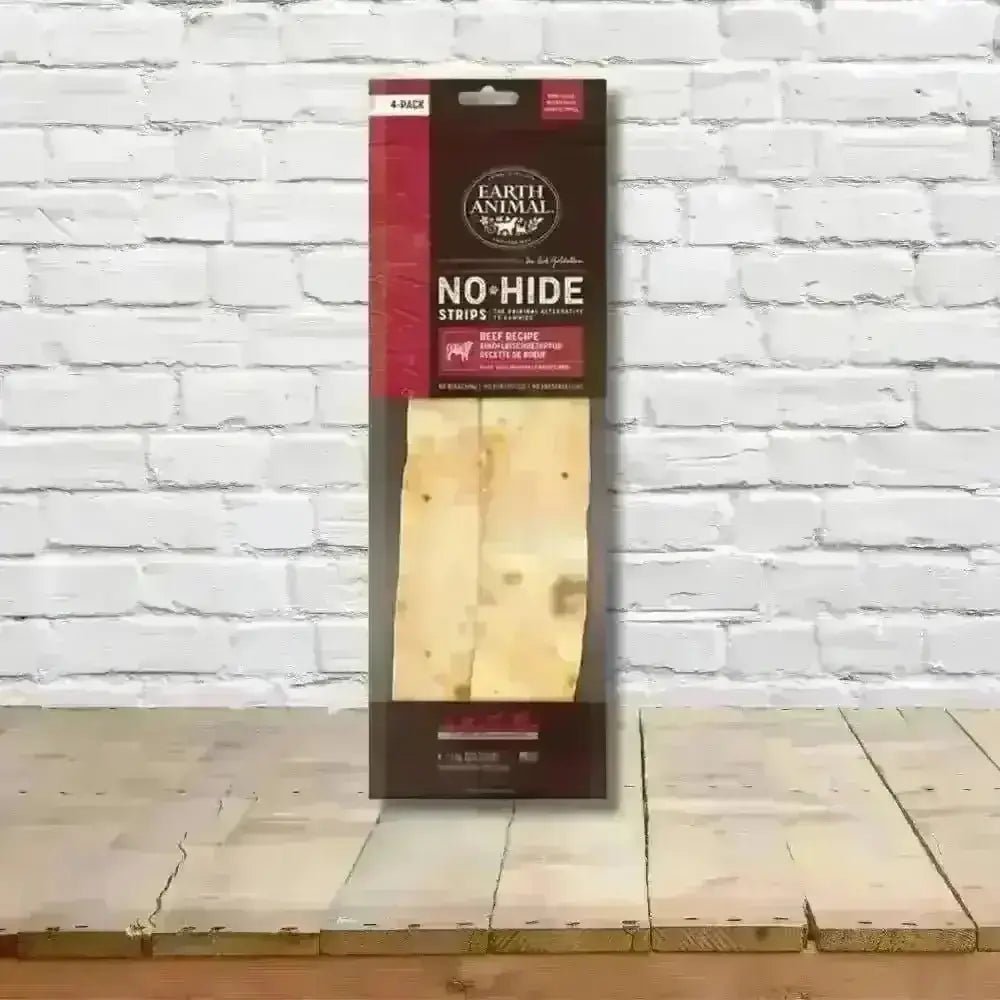 Earth Animal No Hide Beef Strips 4pk 44g packaging showing tasty chew experience and brown rice flour