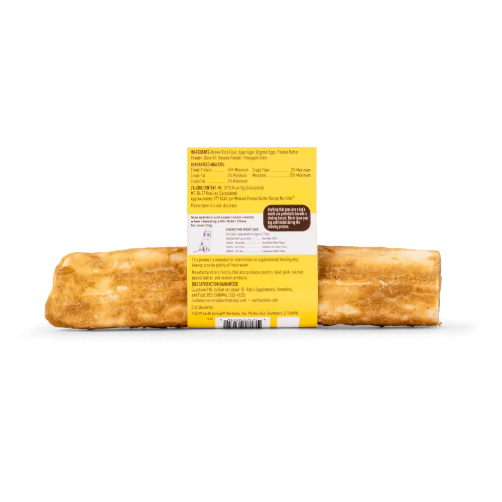 Yellow and brown Earth Animal No-Hide Peanut Butter Chew wrapper with dark label