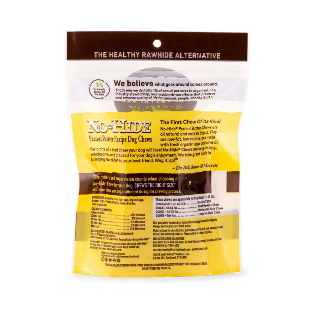 Earth Animal No-Hide Peanut Butter Small Chews with yellow and brown packaging