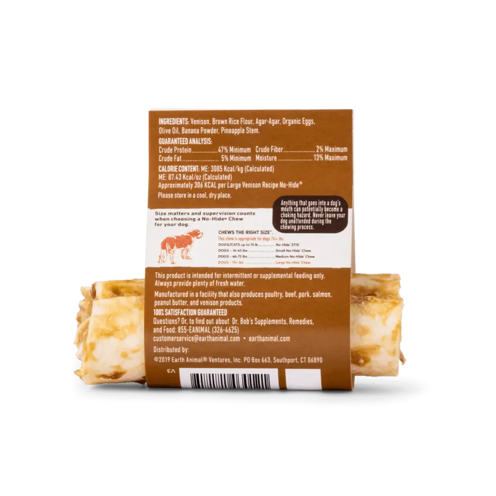 Brown and white Earth Animal No-Hide Venison Chew bag with nutritional info and ingredients