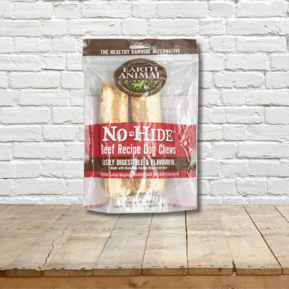 Earth Animal No-Hide Wholesome Beef Chew packaging for dog treats, natural and healthy