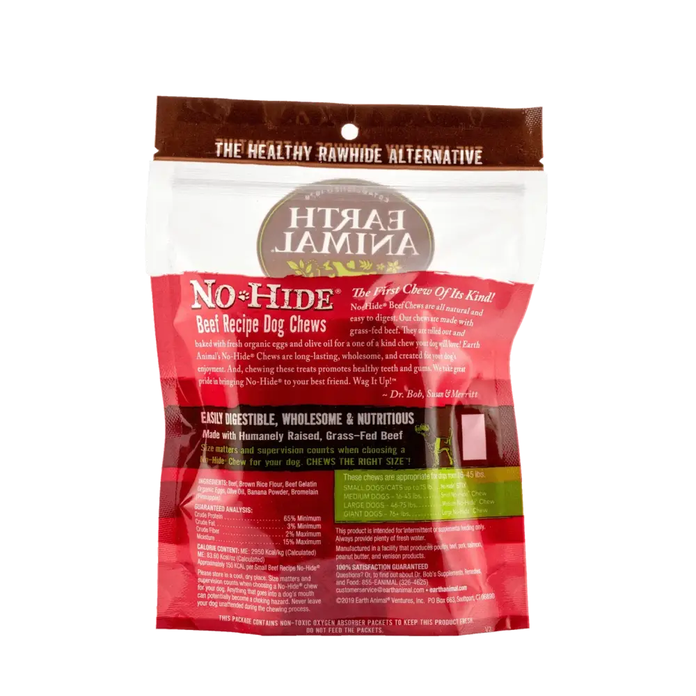 Earth Animal No-Hide Wholesome Beef Chew packaging for dog treats in a 2-pack