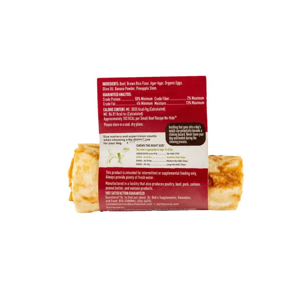 Earth Animal No-Hide Wholesome Beef Chew Small Red White Bag Label