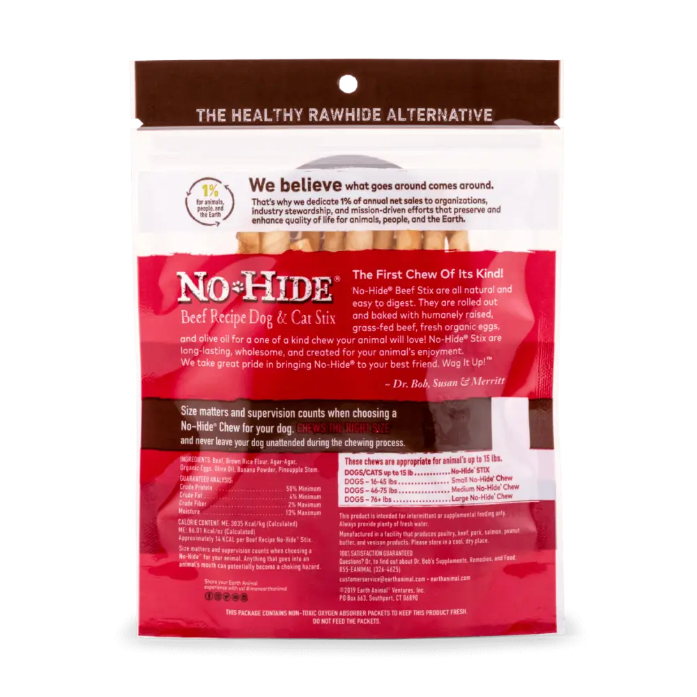 No-hide beef filled dog and cat chews in red and white packaging for Earth Animal No-Hide Wholesome Beef Stix