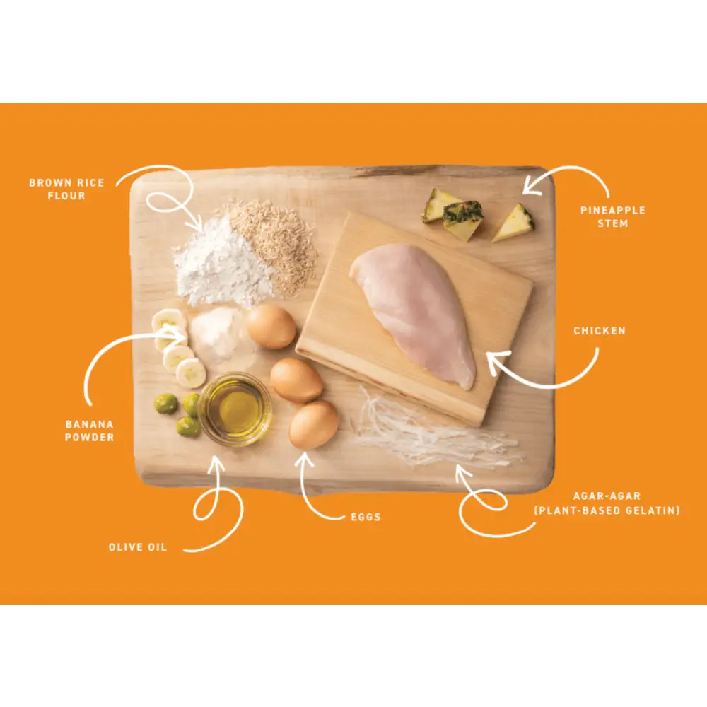 Brown rice flour bag with white text on orange background for Earth Animal No-Hide Chicken Chew