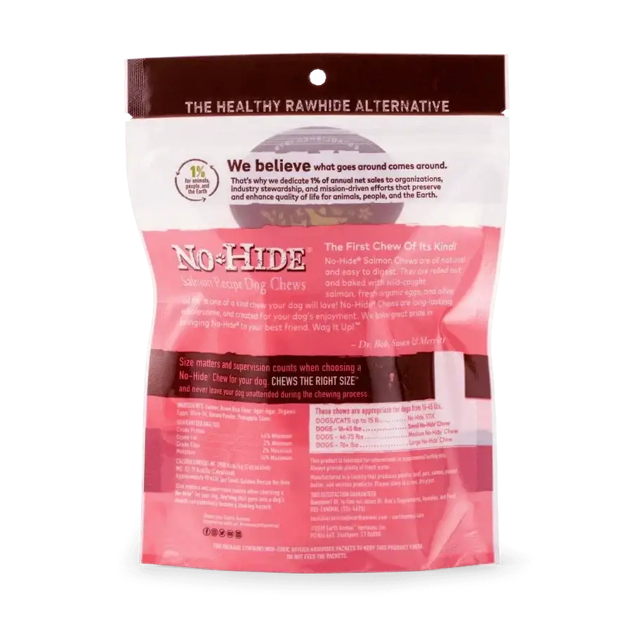 Earth Animal No-Hide Salmon Chew packaging for wholesome dog treats in a 2 pack