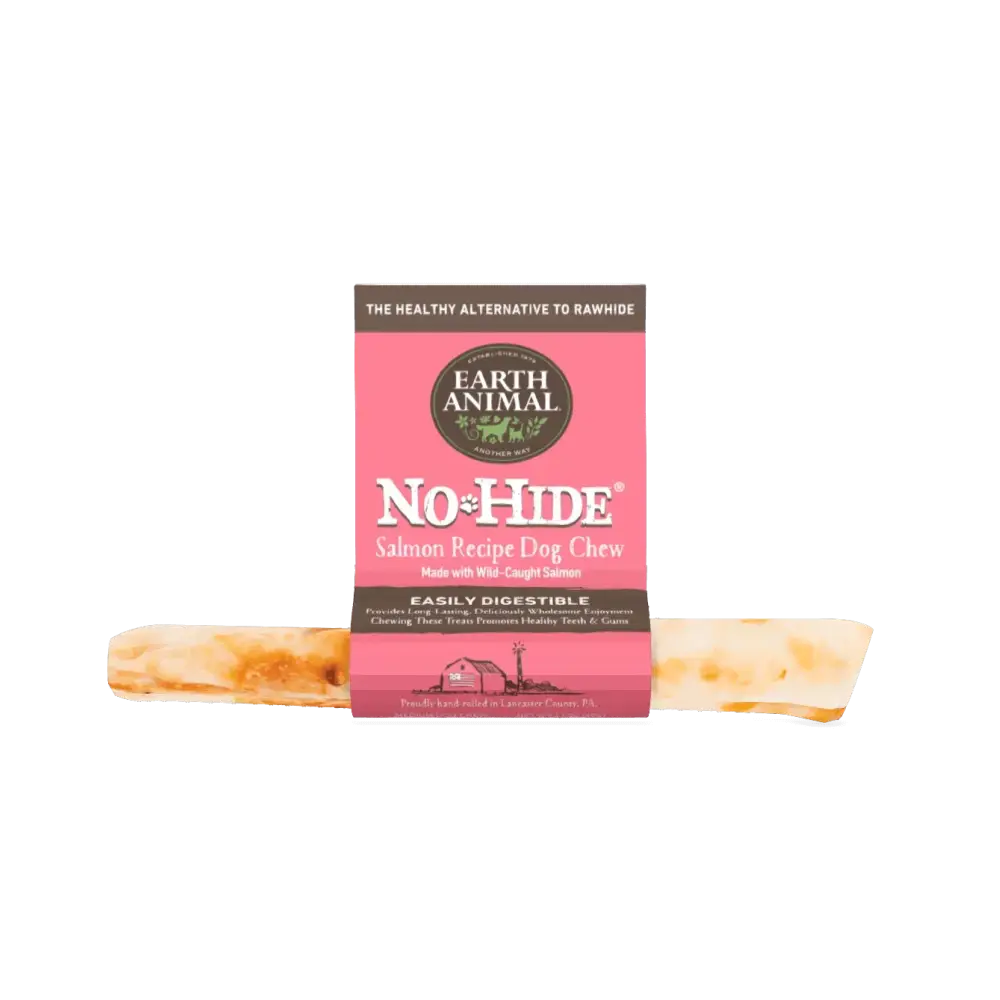 Earth Animal No-Hide Wholesome Salmon Chew in pink packaging for dogs