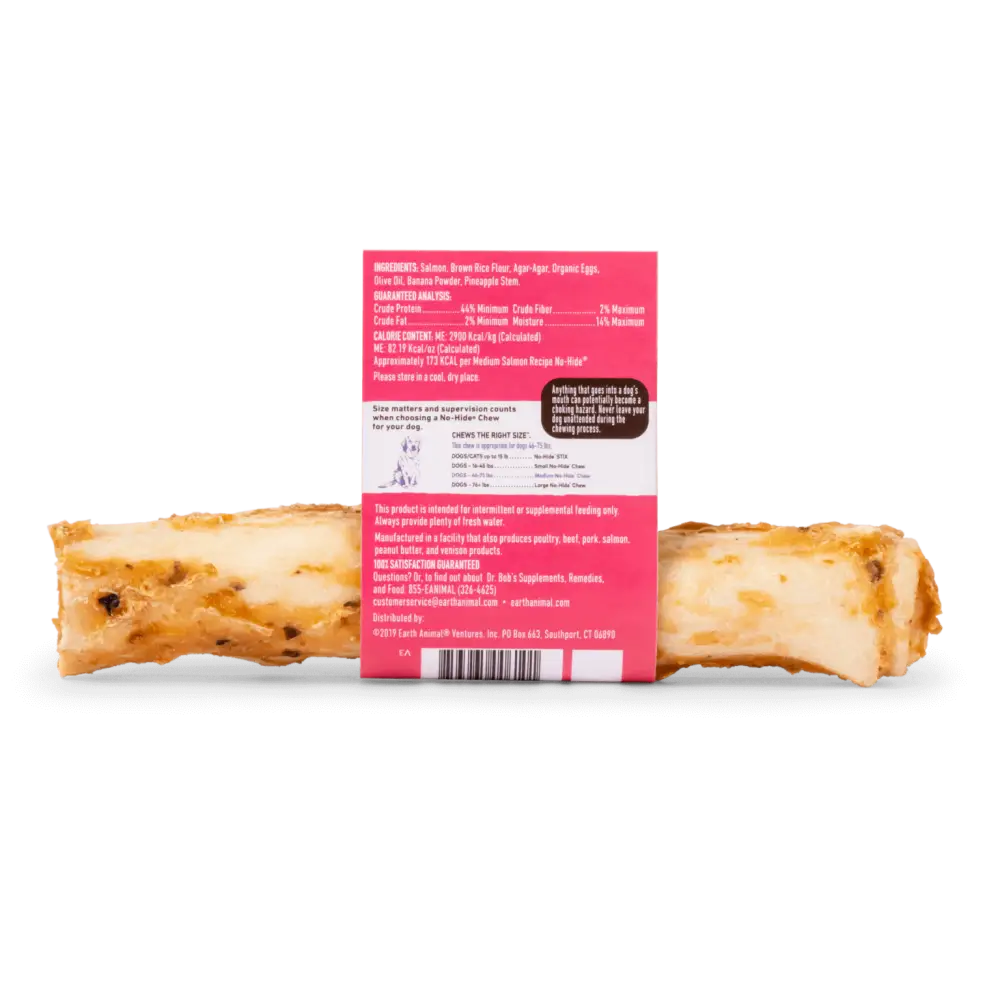 Earth Animal No-Hide Salmon Chew cookie bar wrapper with pink and white design