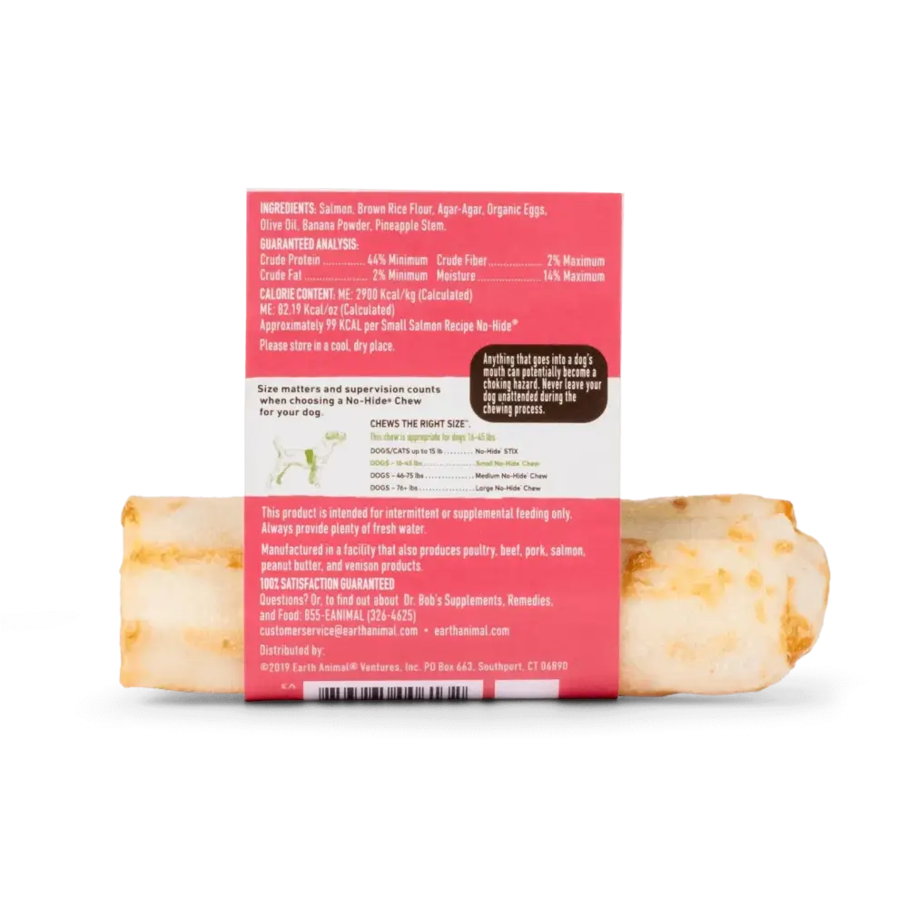 Fruit-flavored protein bar with pink wrapper, white text, from Earth Animal No-Hide Salmon Chew